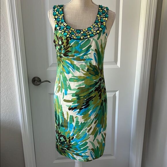 Rabbit Rabbit Rabbit Green and Blue Embellished Mini Sheath Dress - Picture 1 of 10